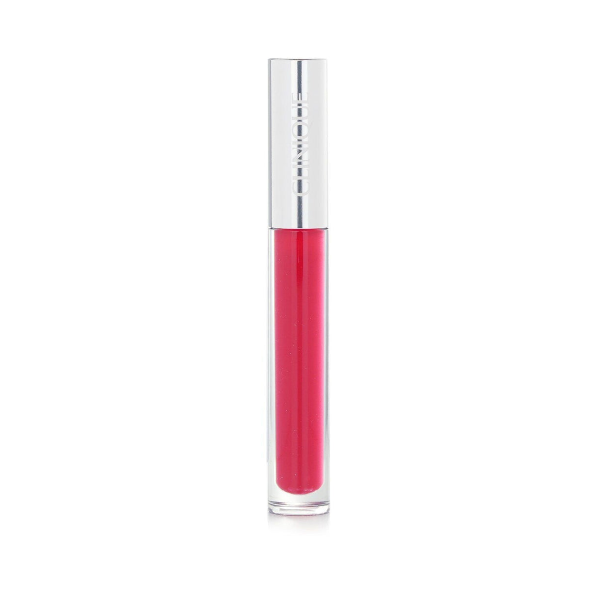 Clinique Pop Plush creamy lip gloss in vibrant juicy apple red with a silver cap and clear tube packaging