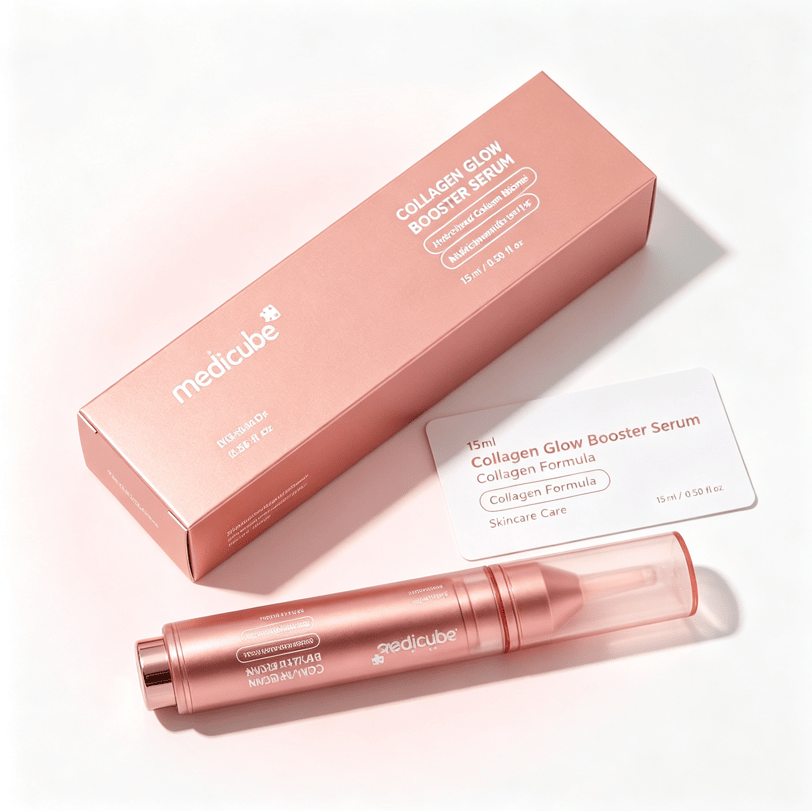 Collagen Glow Booster facial serum press-pen in metallic pink with matching box, featuring collagen formula and skincare care labels