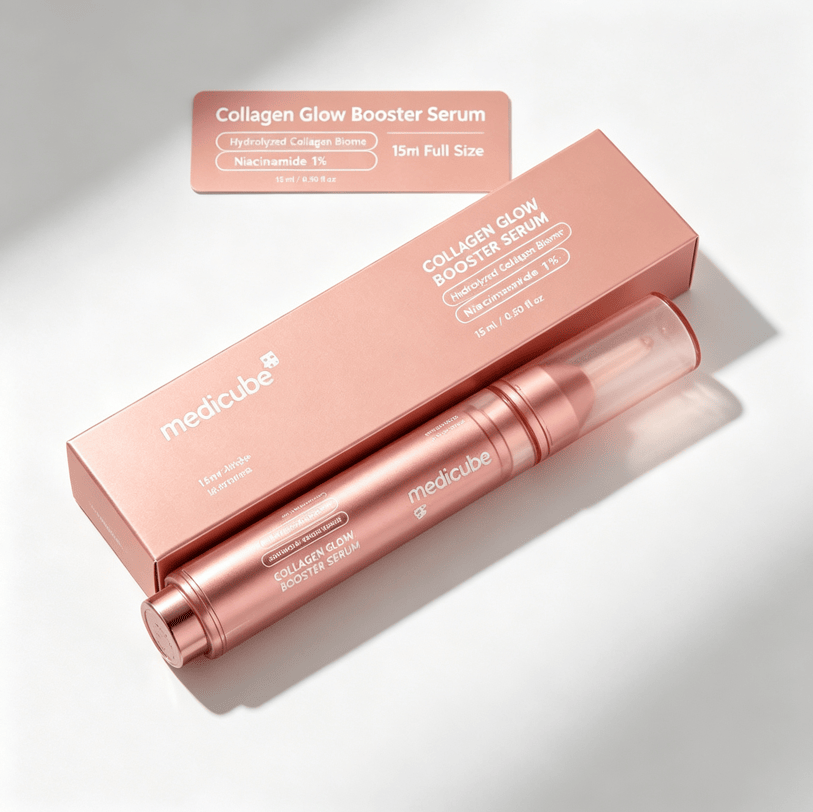 Collagen Glow Booster facial serum press-pen in metallic pink with product box showing hydrolyzed collagen and 1% niacinamide