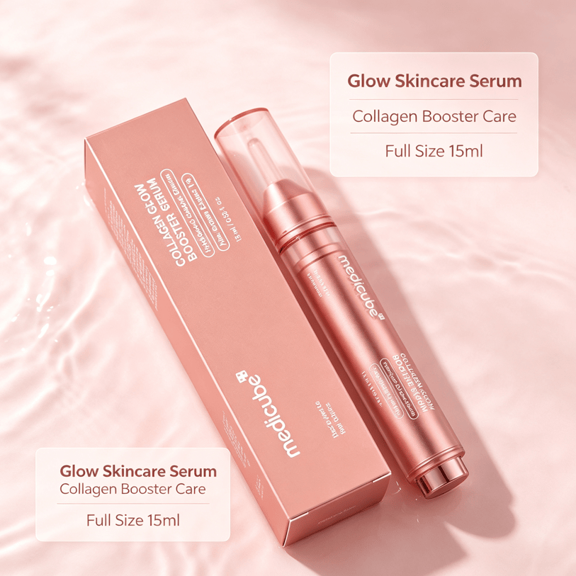 Collagen Glow Booster facial serum in a metallic pink press-pen bottle with matching pink rectangular box, sleek design.