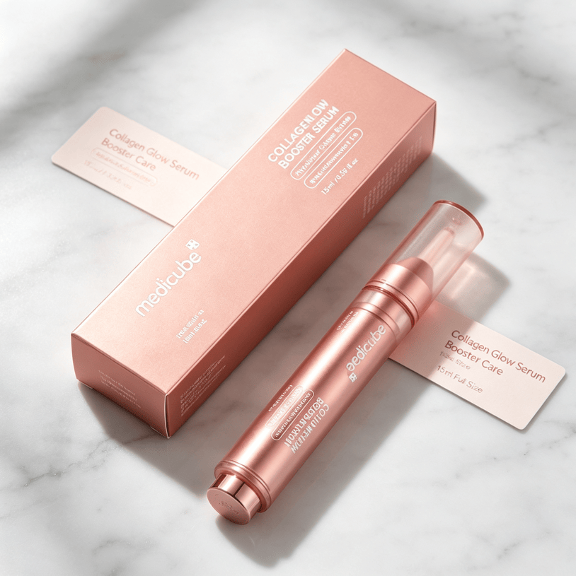 Collagen Glow Booster facial serum press-pen in metallic pink with sleek packaging featuring white text and a translucent cap