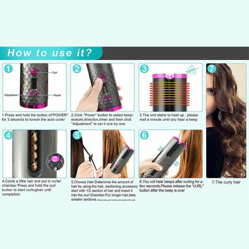 Cordless Ceramic Hair Curler with black and pink body, digital display, and auto-rotating ceramic chamber for styling