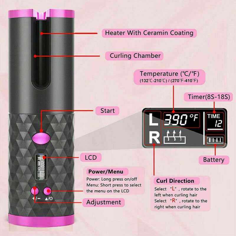 Cordless Ceramic Hair Curler with black and pink ceramic-coated barrel, LCD display, adjustable heat, timer, and battery indicators