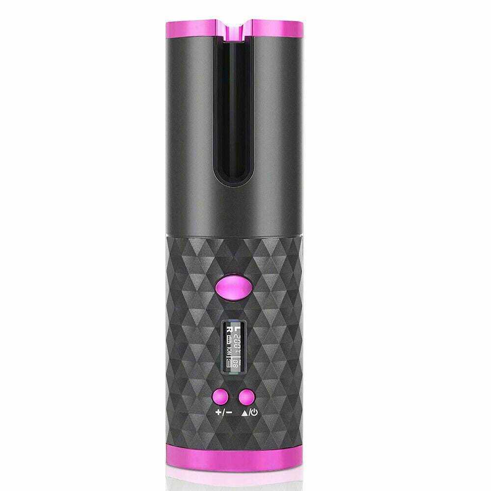 Cordless Ceramic Hair Curler in black with pink trim, geometric textured grip, and LCD display screen