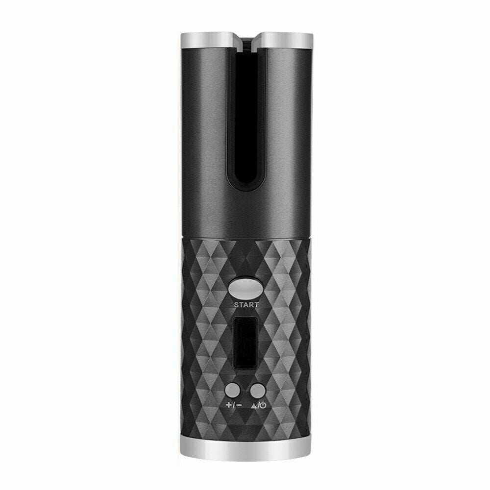 Cordless Ceramic Hair Curler in black with silver accents, diamond textured grip, start button, and digital display