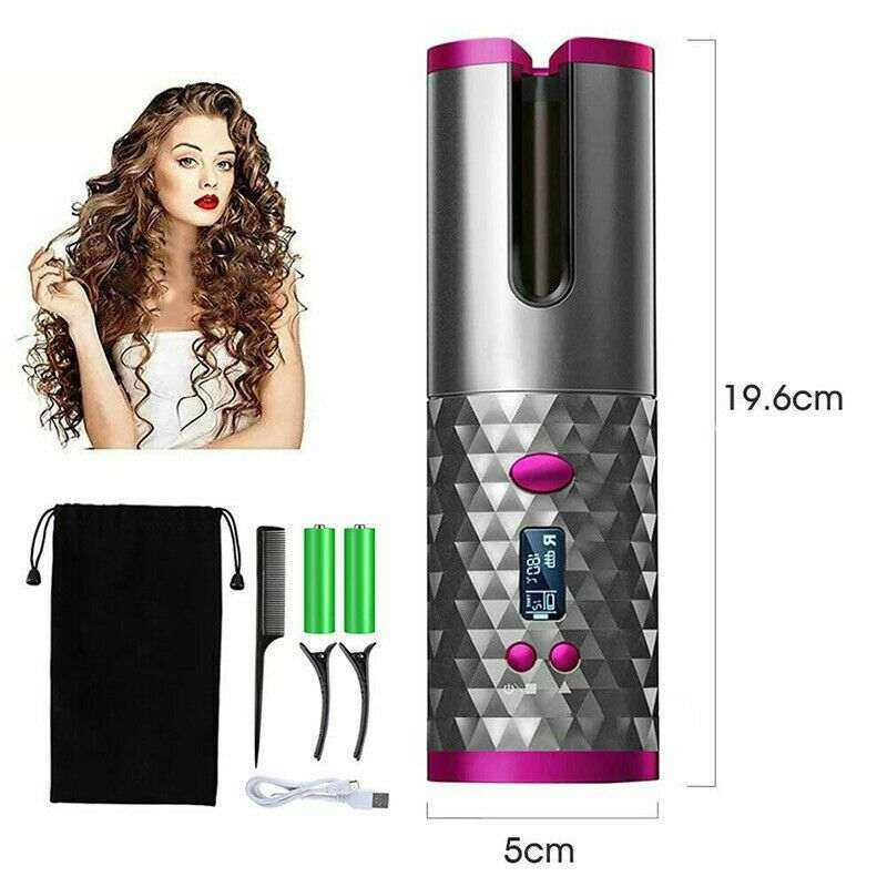 Cordless Ceramic Hair Curler with grey textured body, magenta accents, LCD display, and included comb, clips, USB cable, and storage pouch
