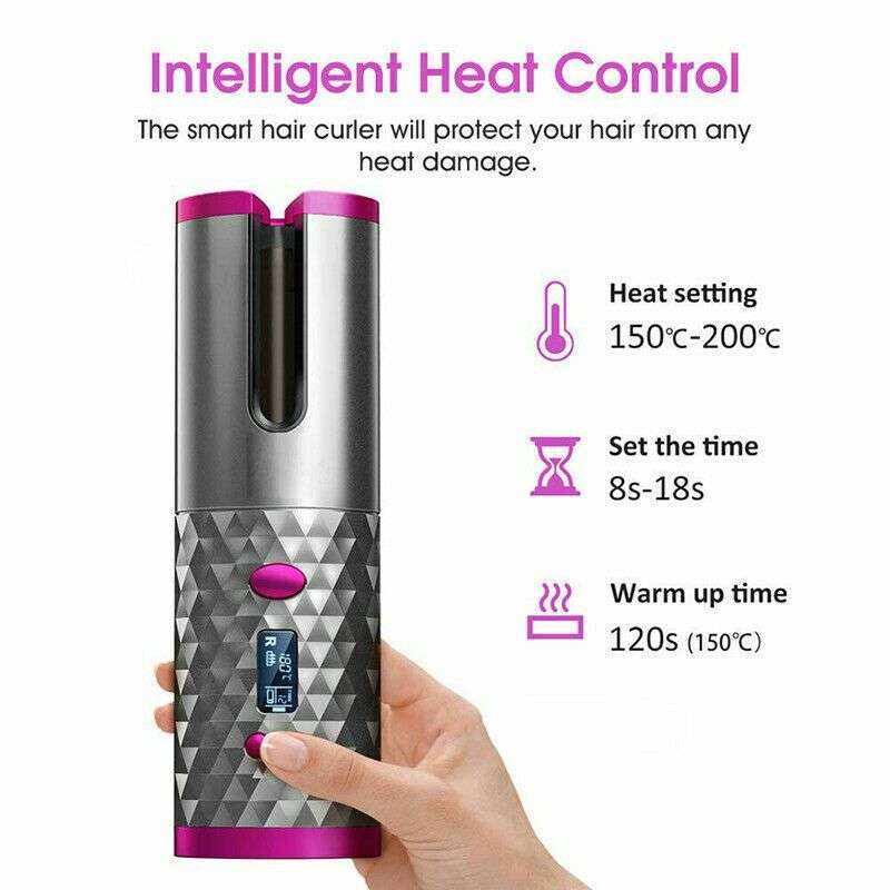 Cordless Ceramic Hair Curler in grey with pink accents featuring intelligent heat control, LCD display, and geometric textured grip