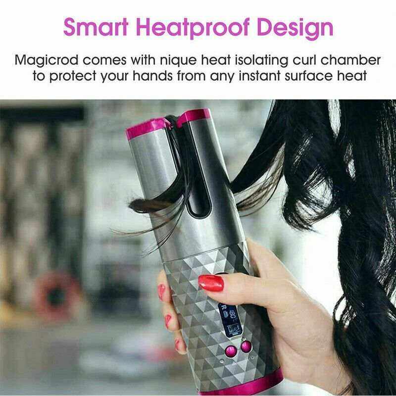Cordless Ceramic Hair Curler with metallic silver and pink ceramic barrel, LCD display and heatproof curl chamber protecting hand