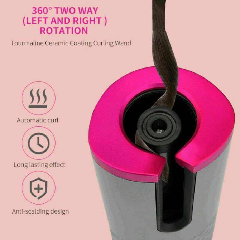 Cordless Ceramic Hair Curler with bright pink tourmaline ceramic barrel and auto-rotating two-way curling feature, designed for safe, long-lasting curls