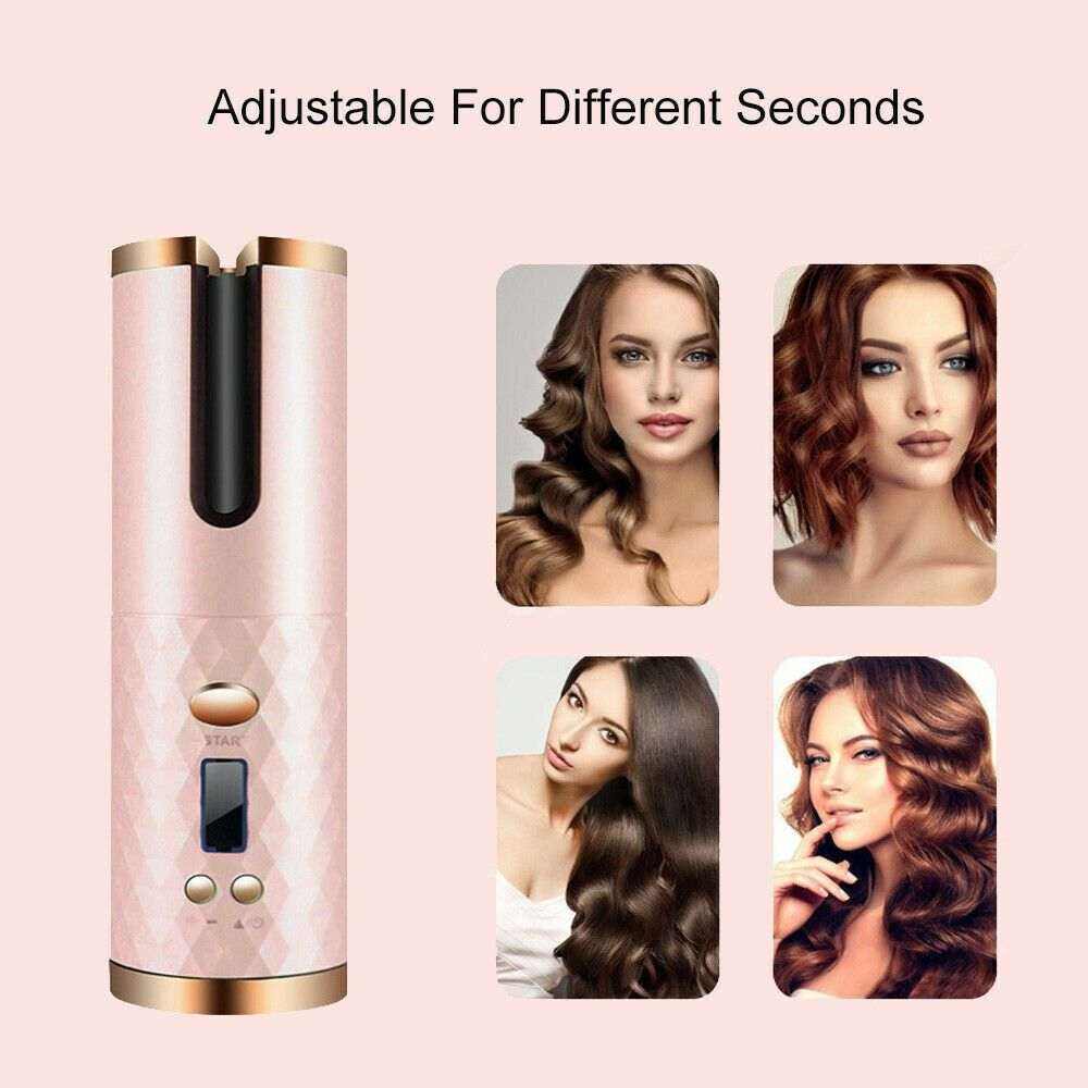 Cordless Ceramic Hair Curler in pink with gold trim, digital display, and one-button operation for adjustable styling