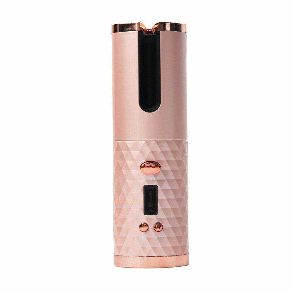 Cordless Ceramic Hair Curler in rose gold with geometric textured grip, LCD display, and rose gold buttons