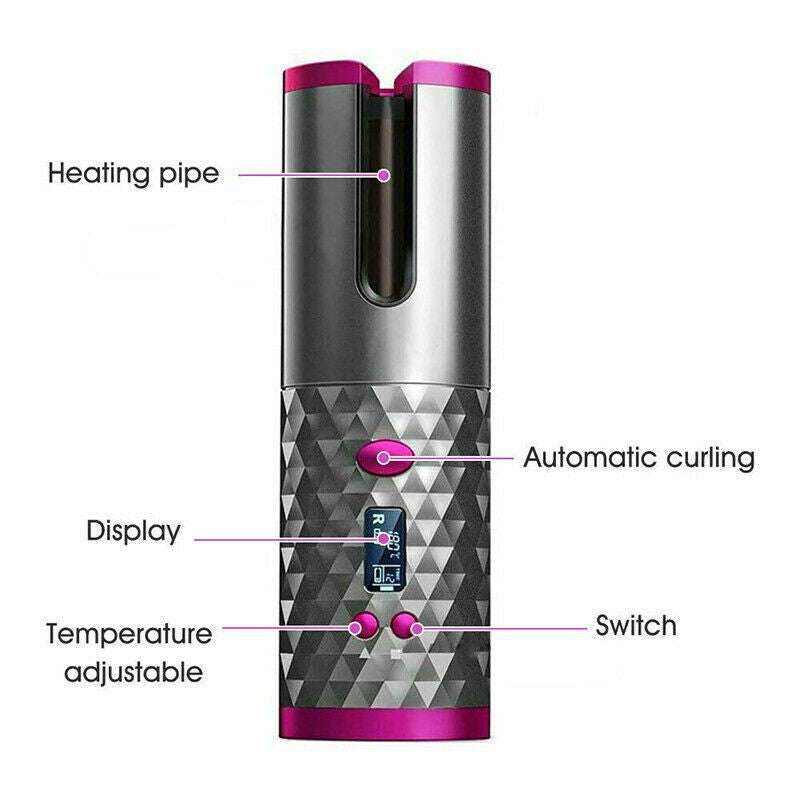 Cordless Ceramic Hair Curler in metallic grey with a textured diamond pattern and pink accents, featuring a digital display and control buttons