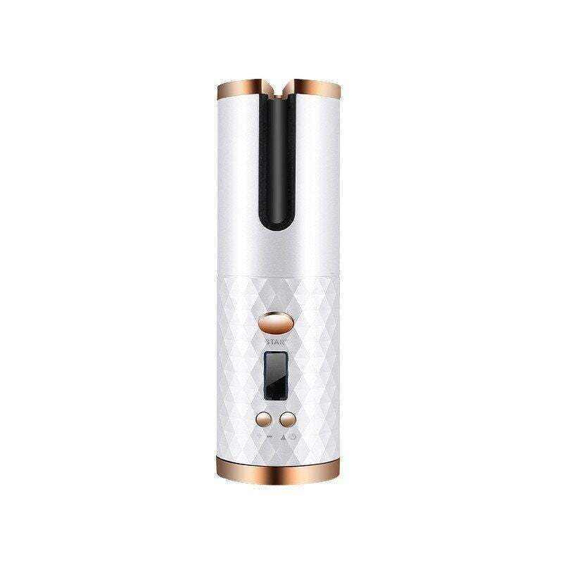 Cordless Ceramic Hair Curler in white with rose gold accents, featuring a diamond-patterned body, LCD display, and auto-rotating barrel.