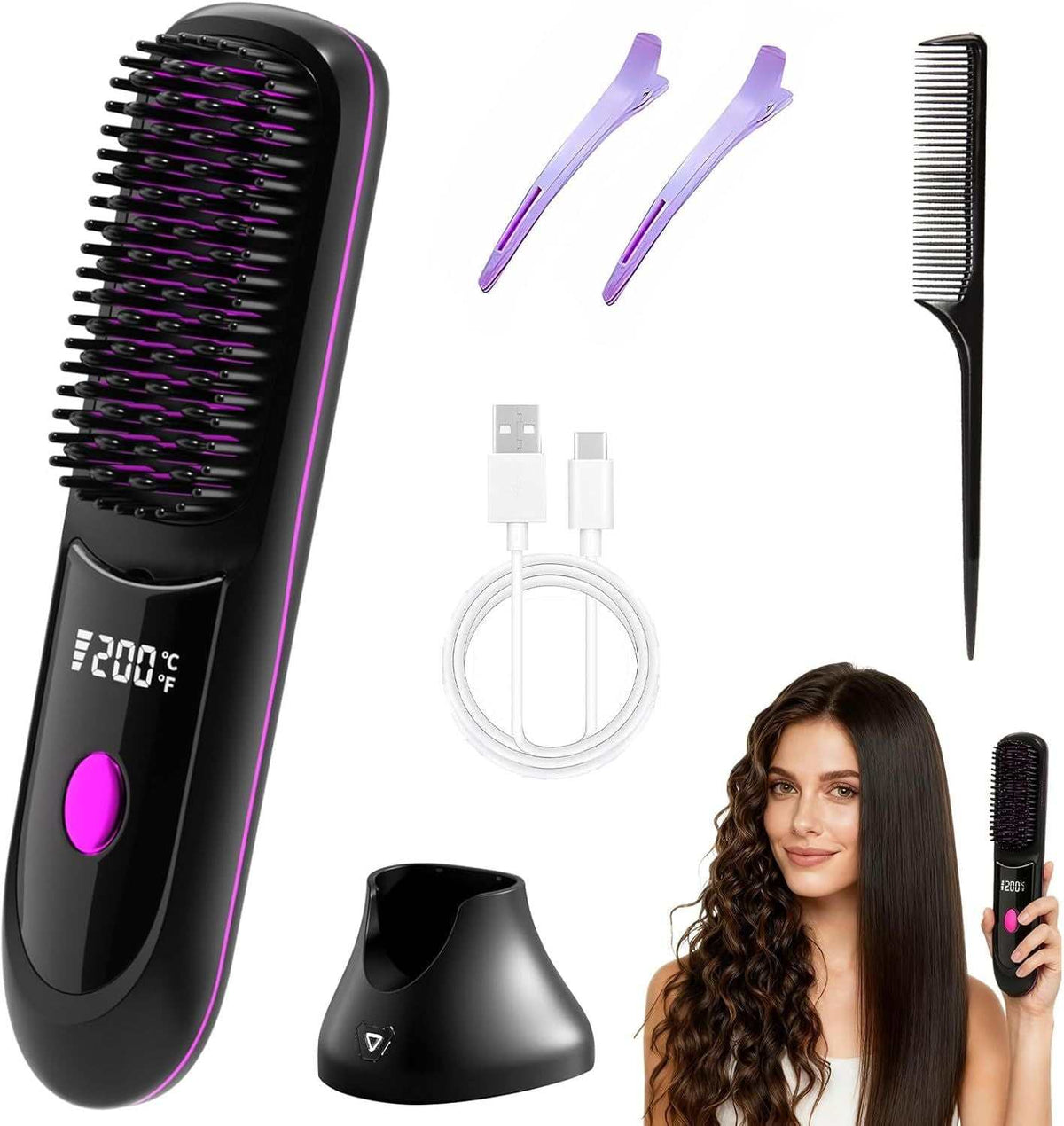 Cordless rechargeable hair straightener brush with base and USB-C charging