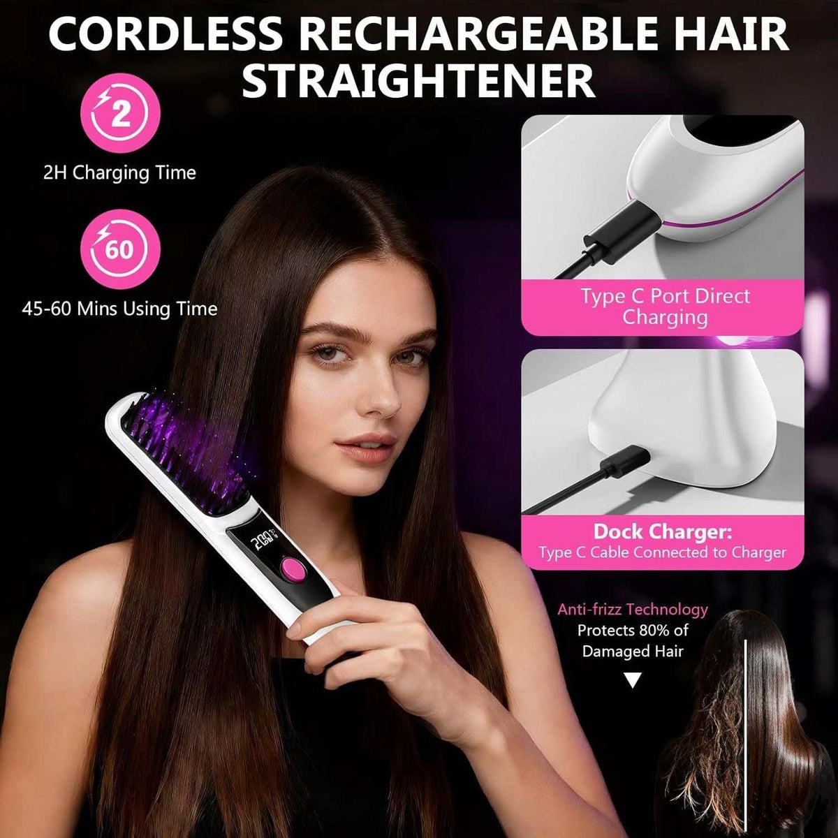 Cordless rechargeable hair straightener brush with base and USB-C charging