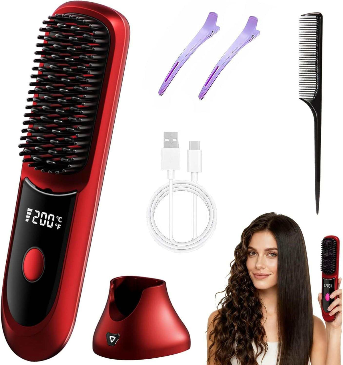 Cordless hair straightener brush with charging base and accessories