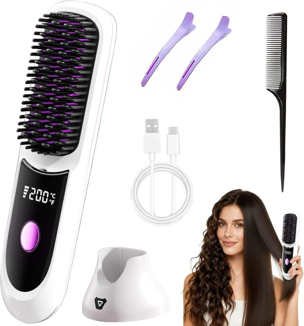 Cordless Hair Straightener brush in white with black and purple ceramic teeth, digital display, charging base, USB-C cable, two purple hair clips, and black comb.
