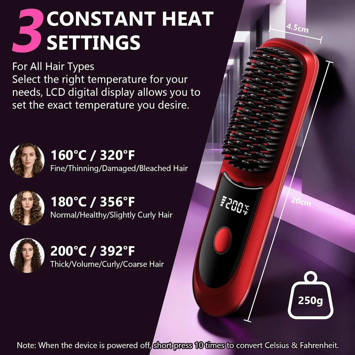 Cordless rechargeable hair straightener brush with base and USB-C charging