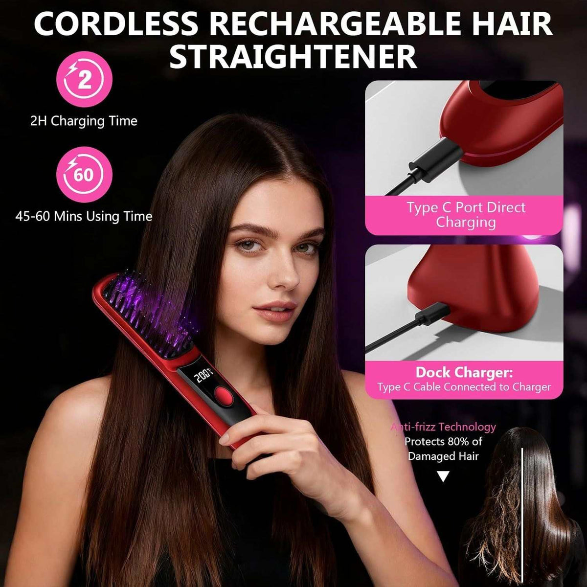 Cordless rechargeable hair straightener brush with base and styling accessories