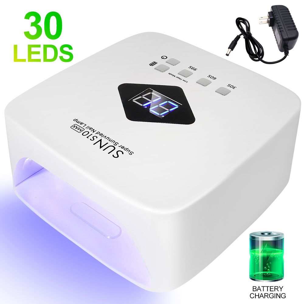 Cordless Rechargeable UV LED Nail Lamp in white with 30 LEDs, digital timer display, and included power adapter for curing gel polish.