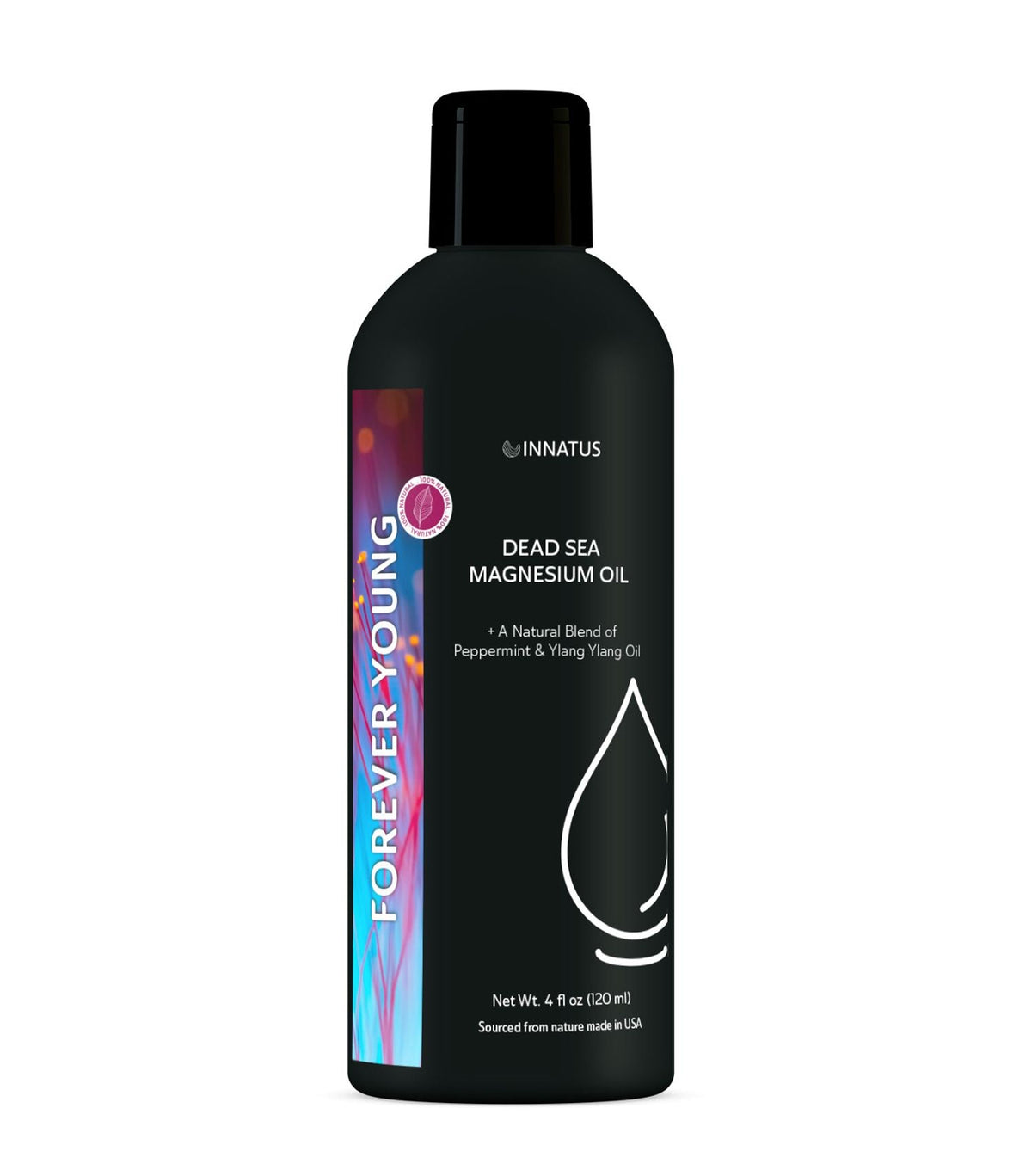Black plastic bottle of INNATUS Dead Sea magnesium oil spray with colorful vertical label and minimalist design
