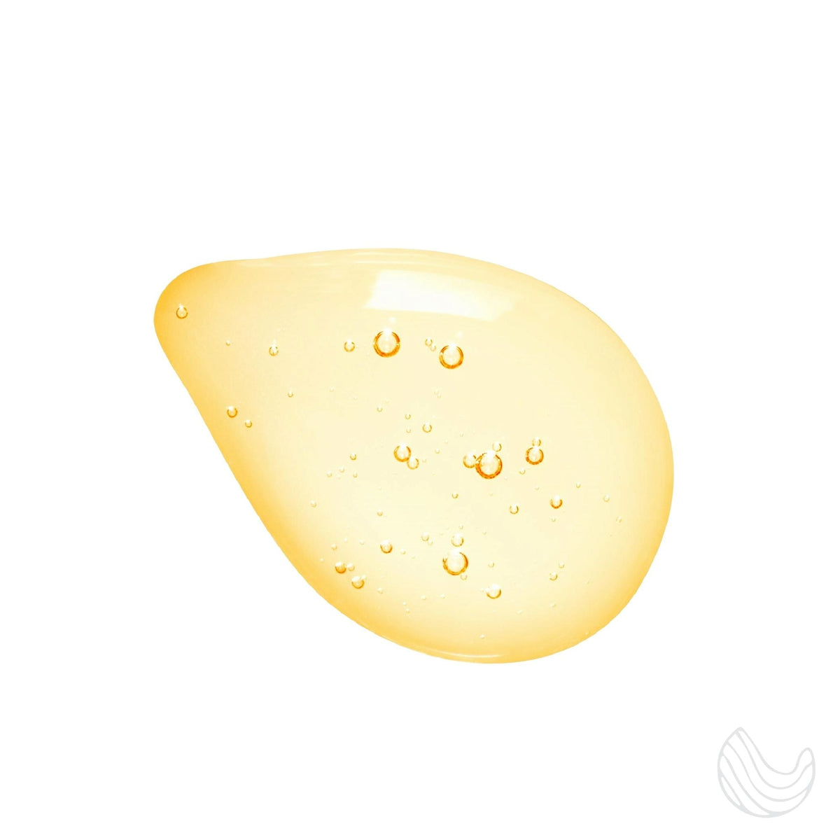 Dead Sea magnesium translucent golden yellow gel drop with visible air bubbles, smooth and glossy texture