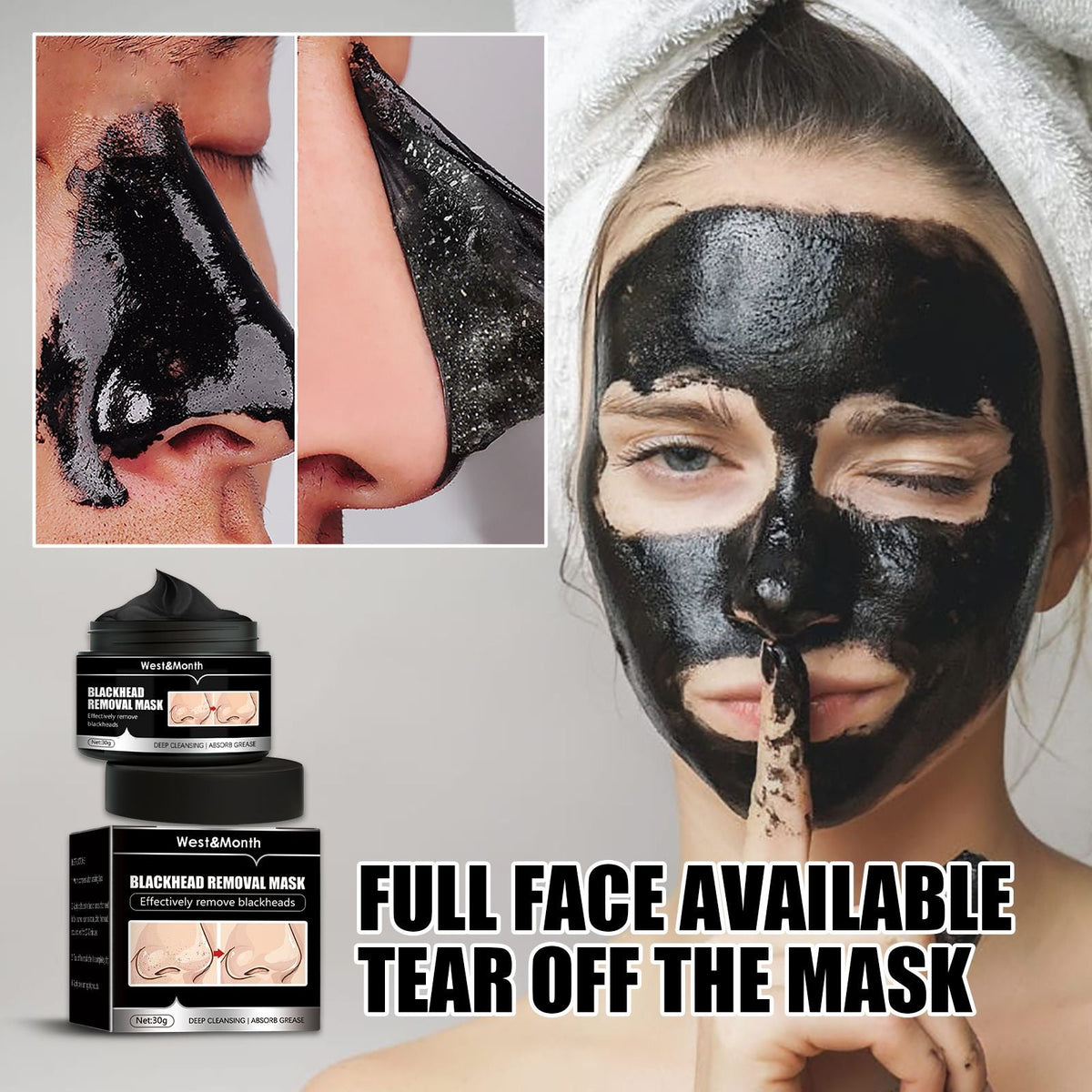 Charcoal peel-off face mask in glossy black on a woman's face with towel up, showing smooth skin and peeling action, highlighting Deep Cleansing Charcoal benefit