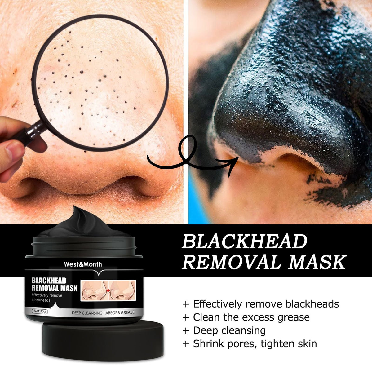 Deep Cleansing Charcoal blackhead removal mask with smooth black peel-off texture applied on nose, showing pore cleansing effect