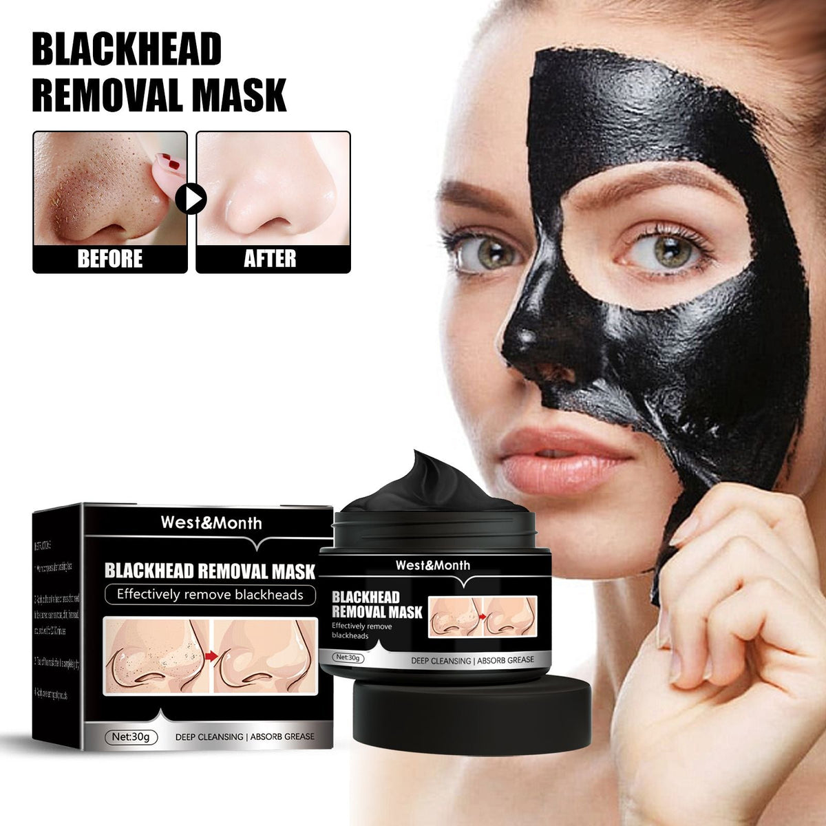 Charcoal peel-off face mask in black applying to woman's face, with Deep Cleansing Charcoal formula and blackhead removal benefits.
