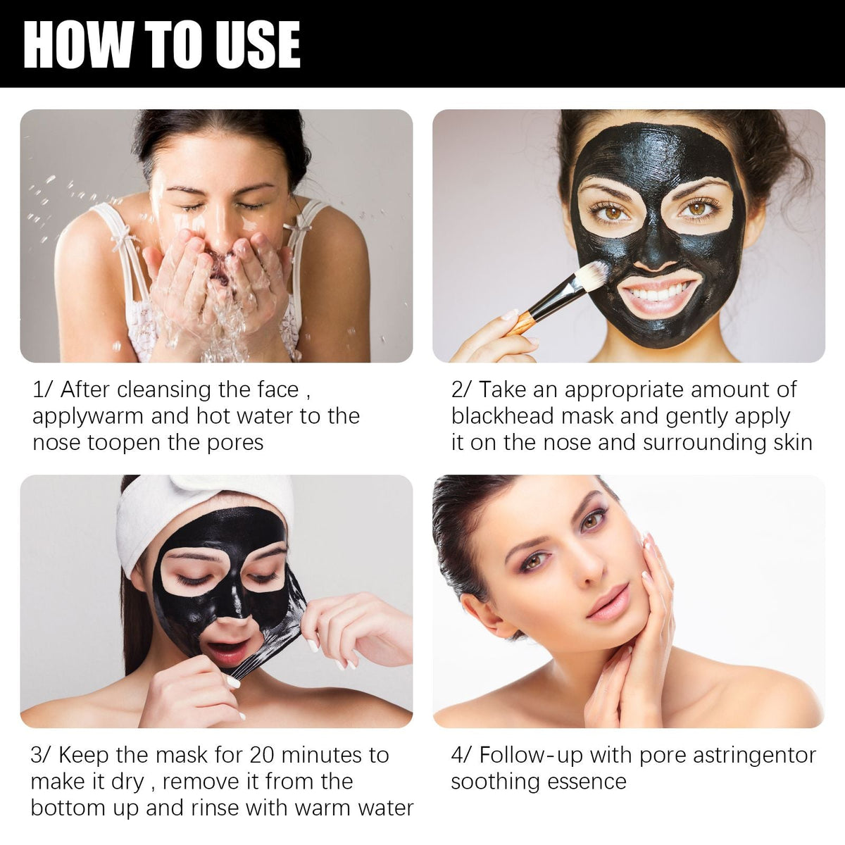 Deep Cleansing Charcoal peel-off face mask shown being applied, drying on skin, rinsed with water, and followed by skin care routine