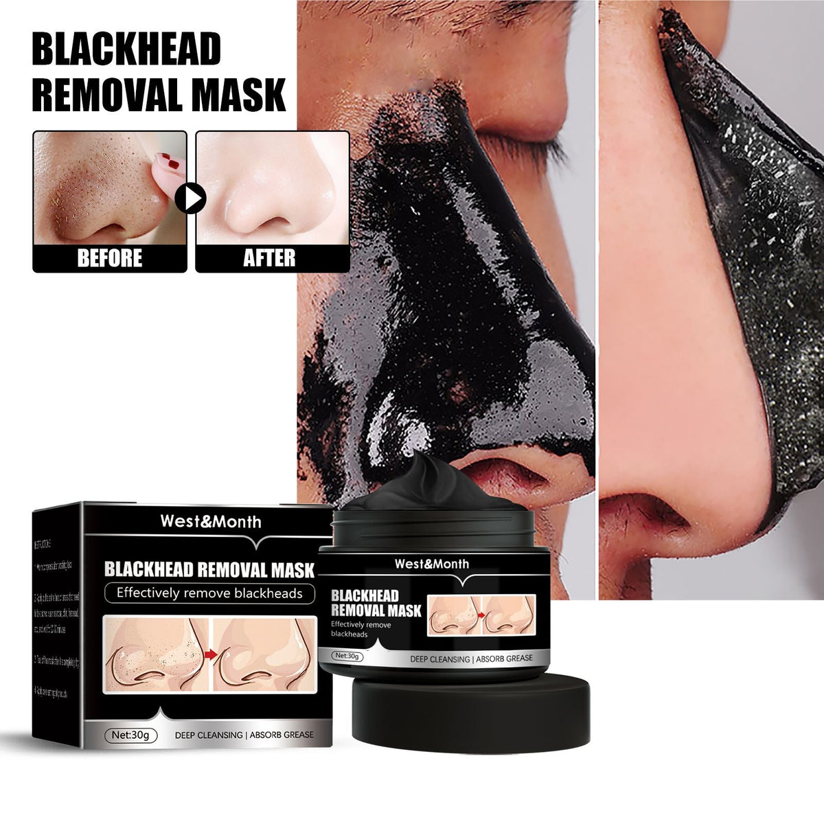 Deep Cleansing Charcoal peel-off face mask in black with glossy texture, shown applied and peeled from nose to remove blackheads