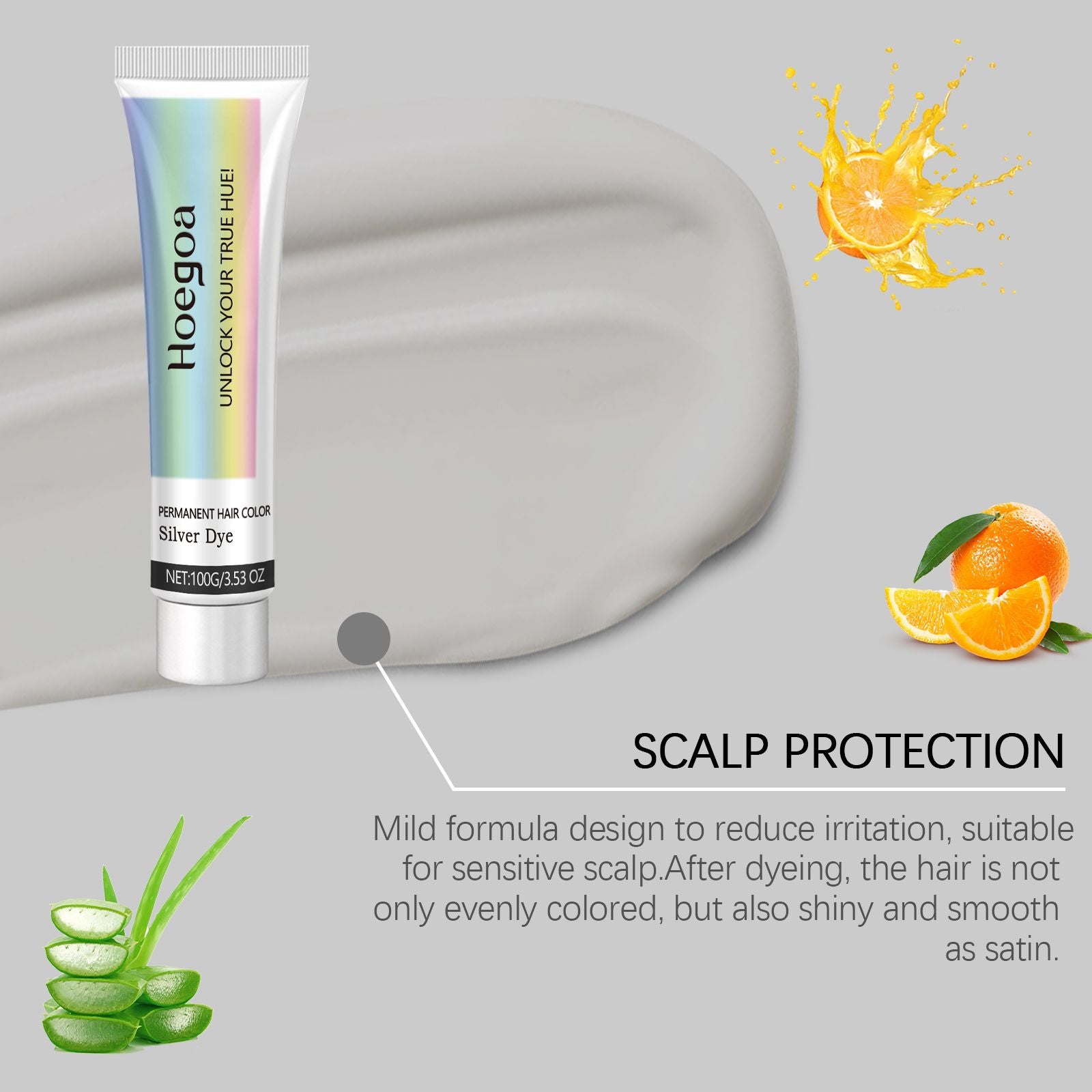 Vibrant Silver Hair Color Cream in a tube with packaging, emphasizing scalp protection and shiny, even color.