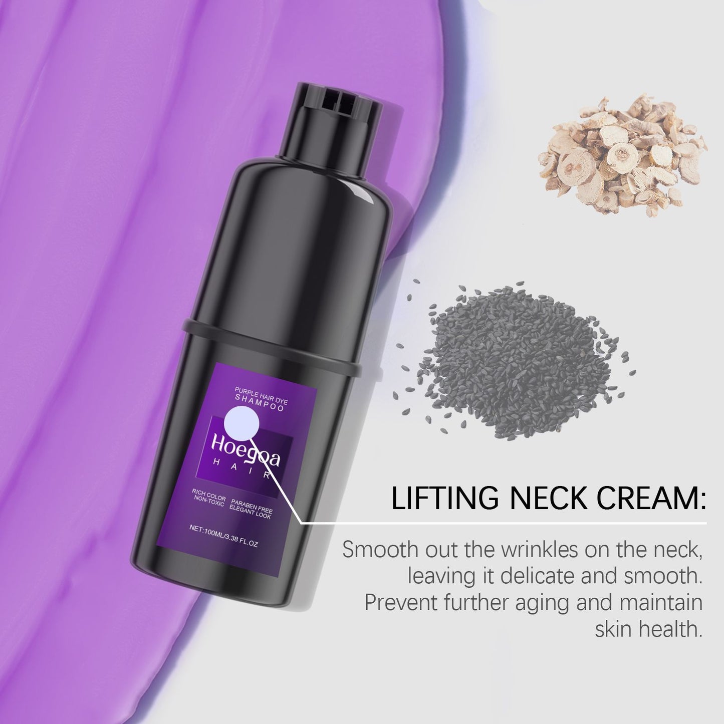 Hoegoa Hair Vibrant Color Hair Shampoo emphasizing neck cream benefits, promoting skin health along with hair color.