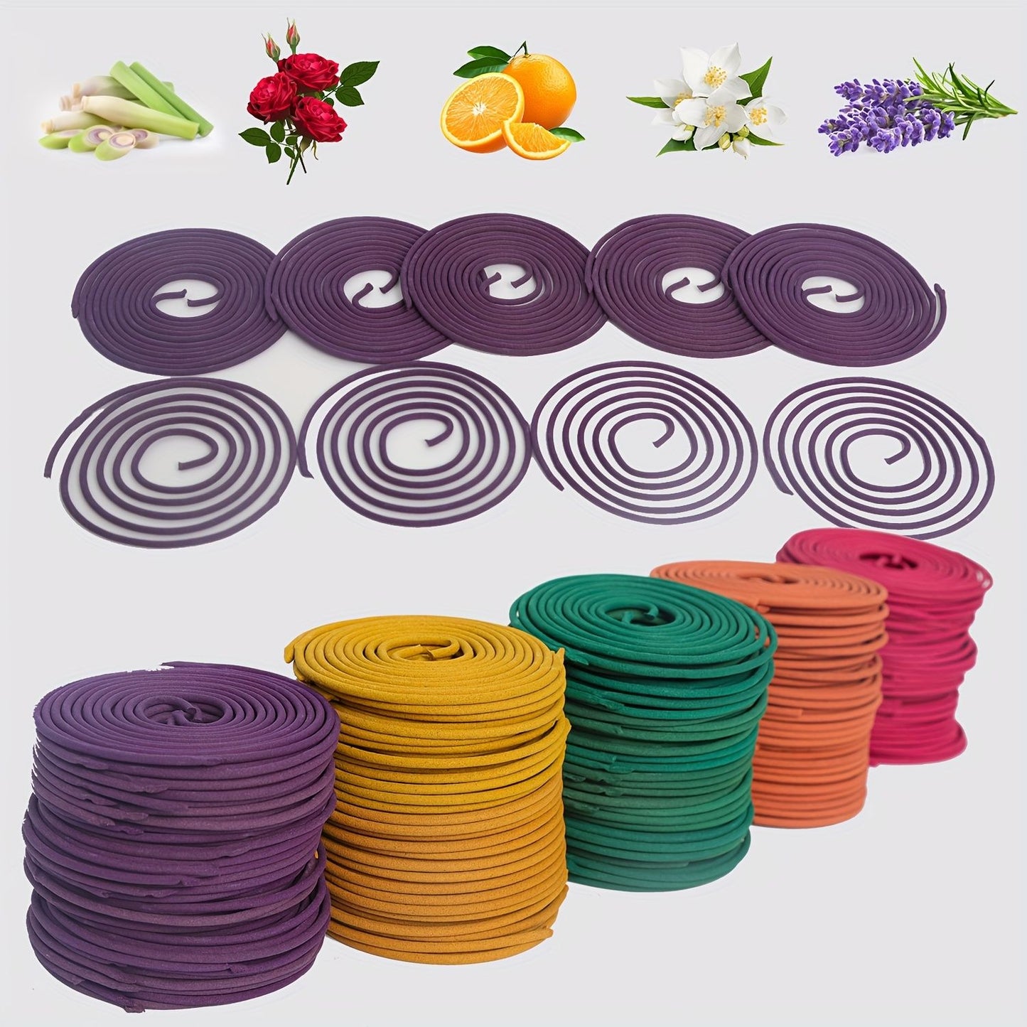50pcs Spiral Incense Coils, Lemongrass, Rose, Jasmine, Lavender & Orange Aromatherapy, 3-4 Hour Burn shown as purple, yellow, green, orange, and pink coil stacks