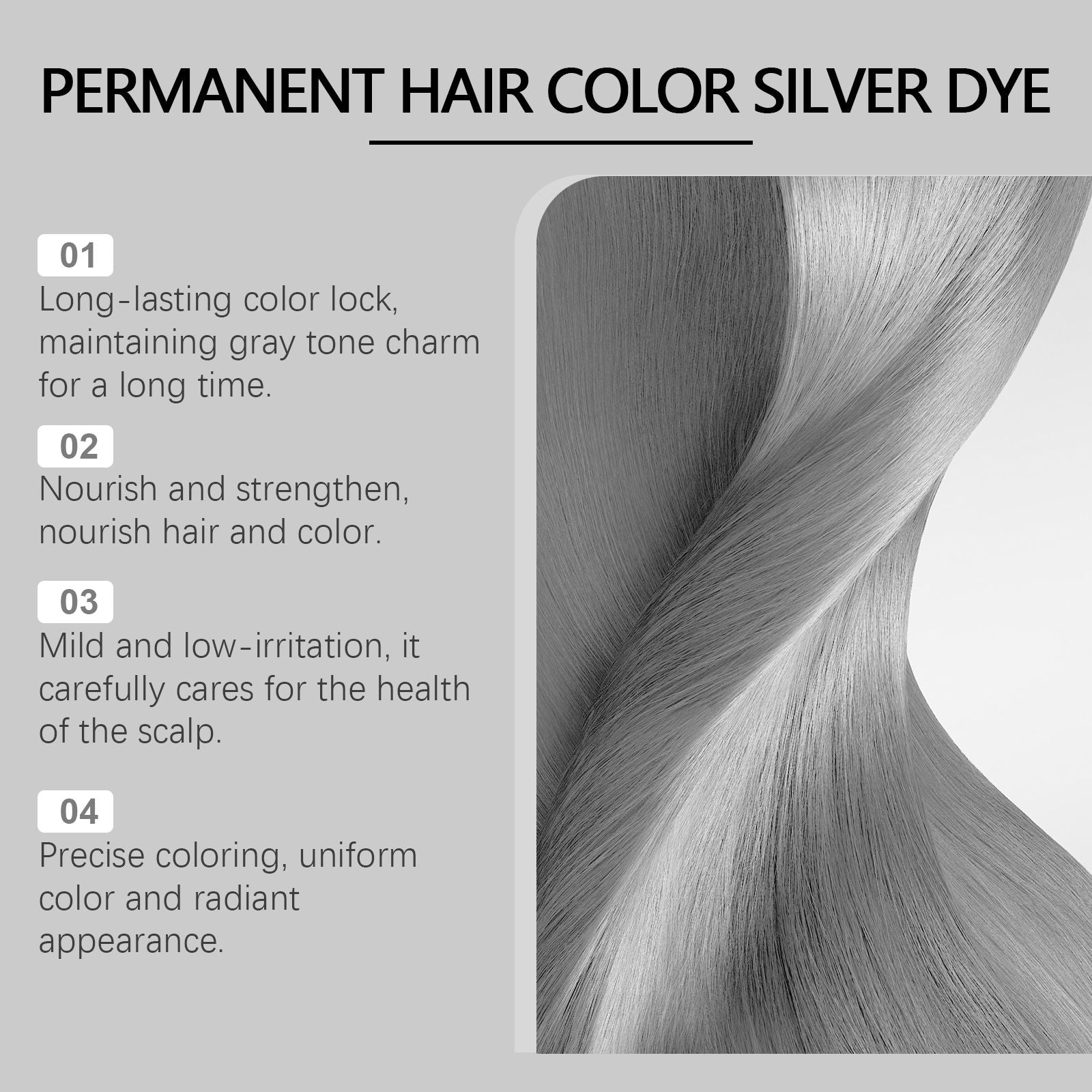 Illustration of benefits of Vibrant Silver Hair Color Cream focusing on long-lasting, low-irritation, and even application.