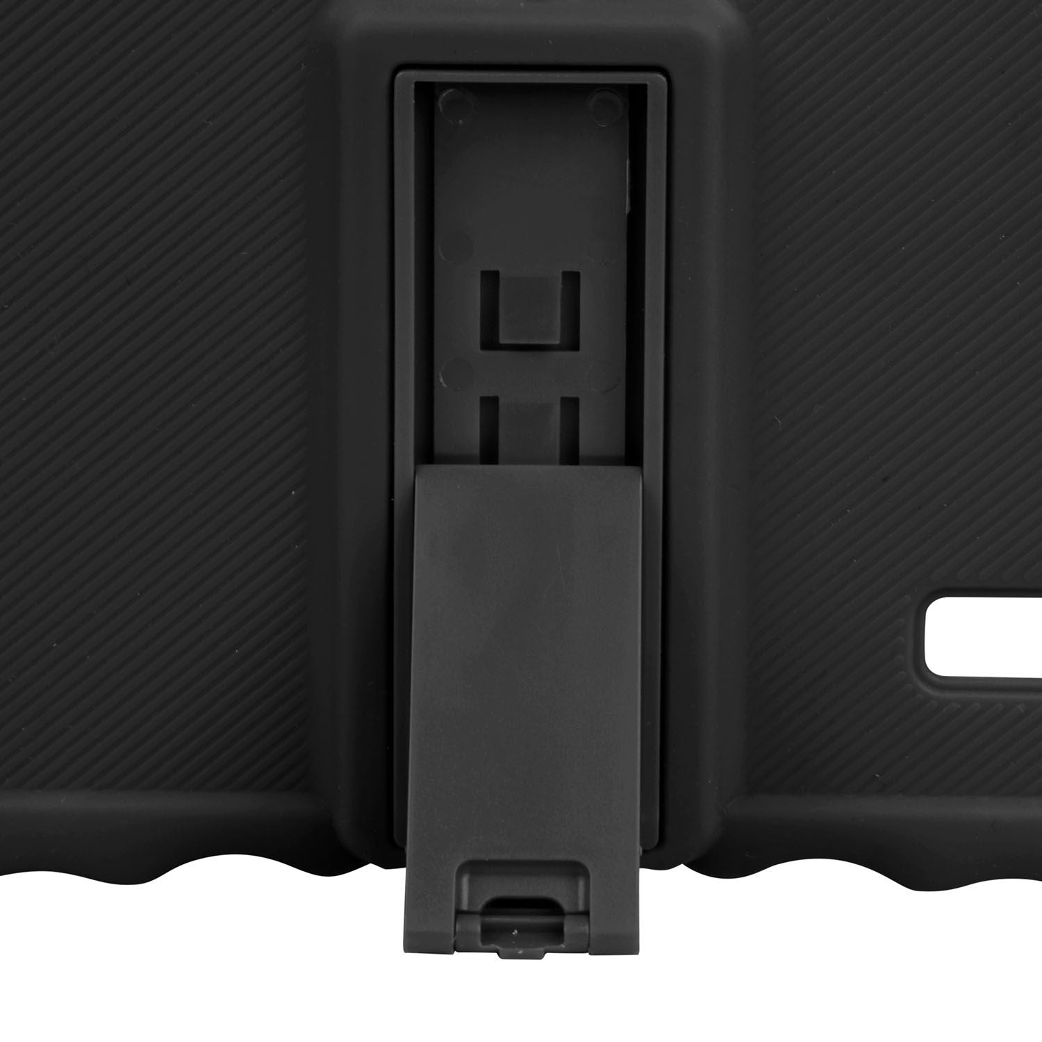 View of a shock-resistant silicone tablet case with stand, emphasizing its protective features.