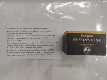Warning labels for Hoegoa Edges Controller packaging, ensuring safety for users of extreme hold hair product.