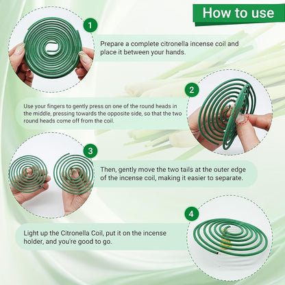 50pcs Spiral Incense Coils, Lemongrass, Rose, Jasmine, Lavender & Orange Aromatherapy, 3-4 Hour Burn step-by-step guide for separating and lighting a green citronella-style incense coil