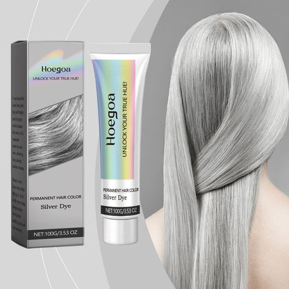 Close-up of Vibrant Silver Hair Color Cream packaging with a model displaying sleek silver hair, ideal for DIY application.