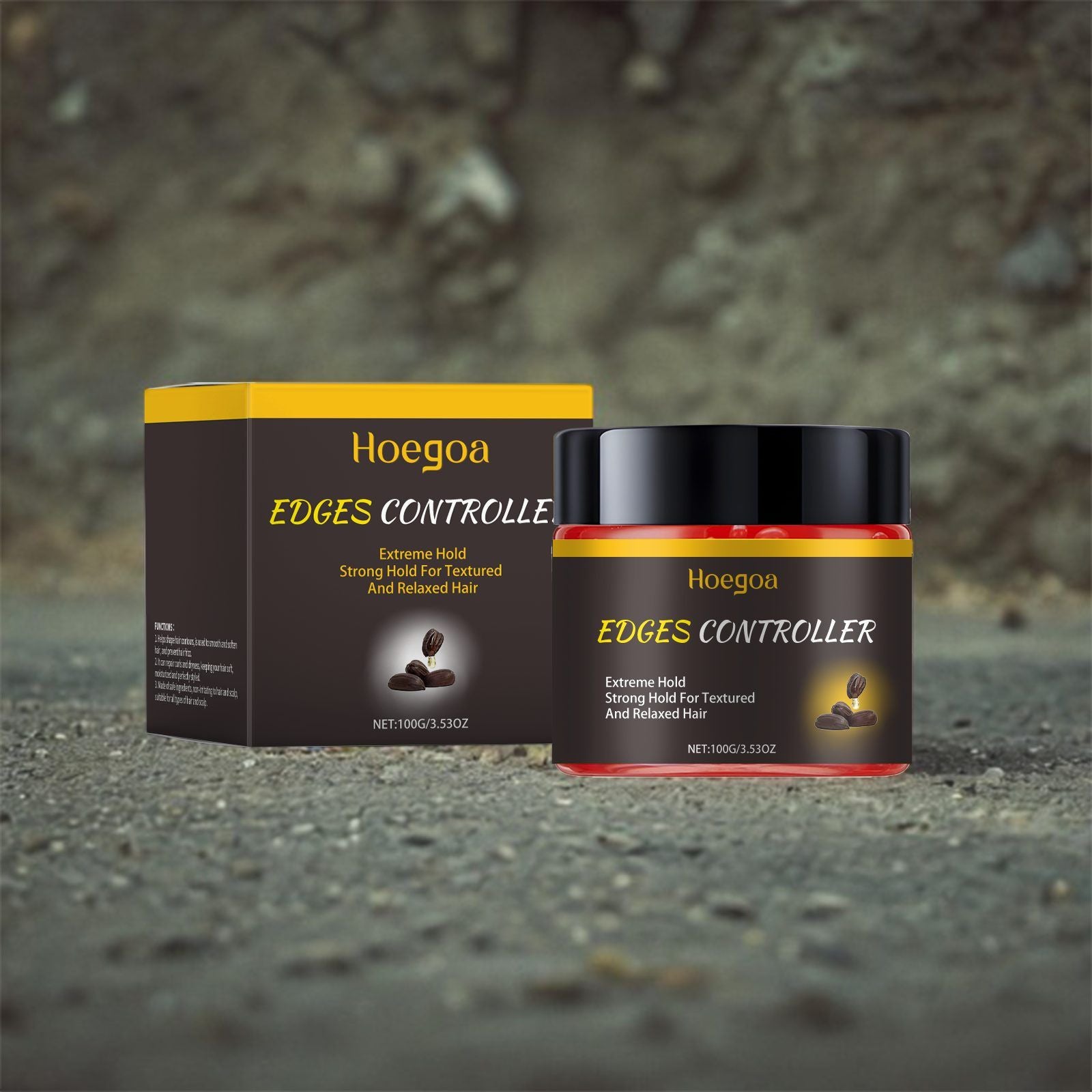 Hoegoa Edges Controller positioned on a textured surface with its box, highlighting extreme hold for styling.