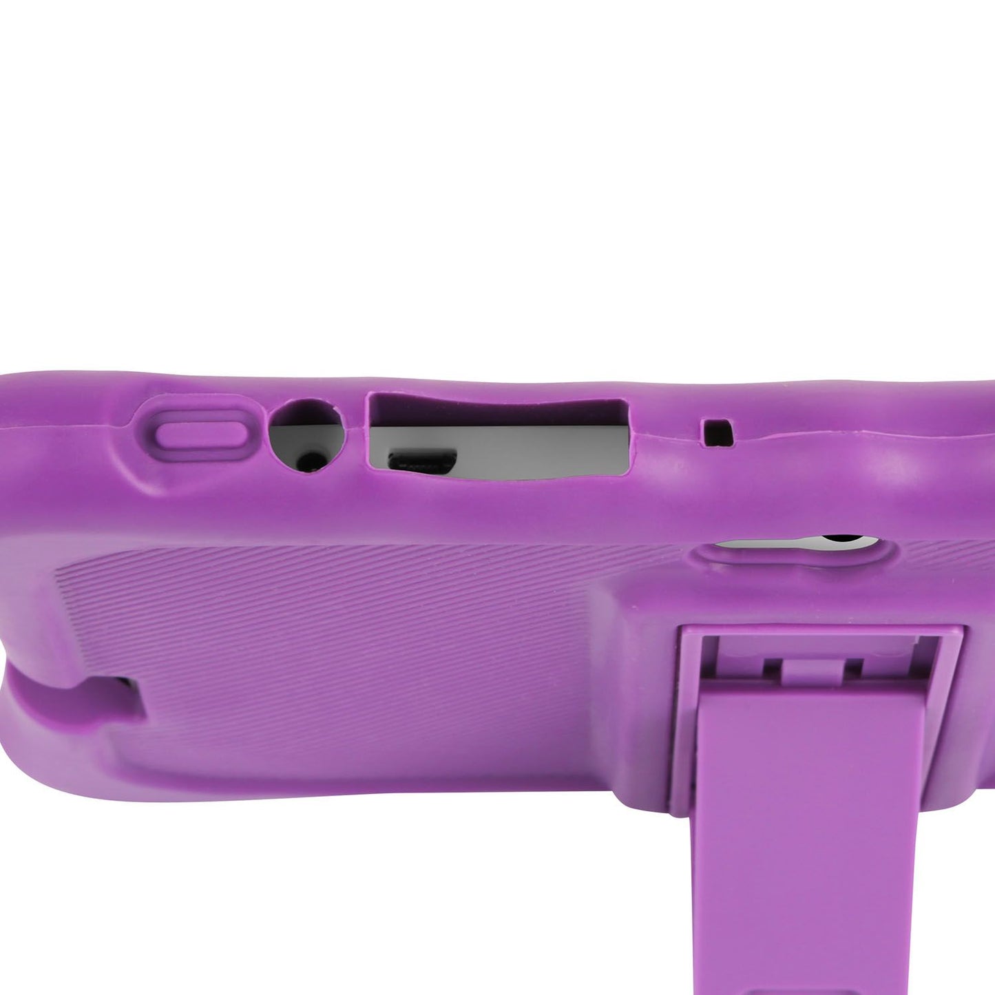 Hand gripping a purple shock-resistant silicone tablet case, showing off its protective contours.