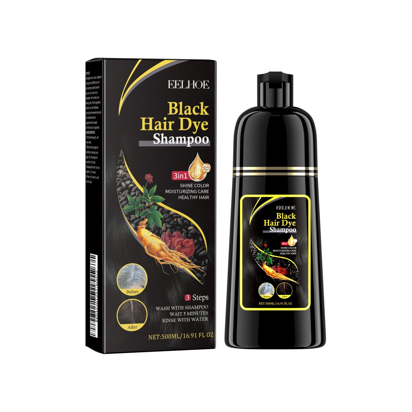 Organic 3-in-1 Hair Color Shampoo 500ml - User with shiny black hair enjoying the effects of the hair dye shampoo.