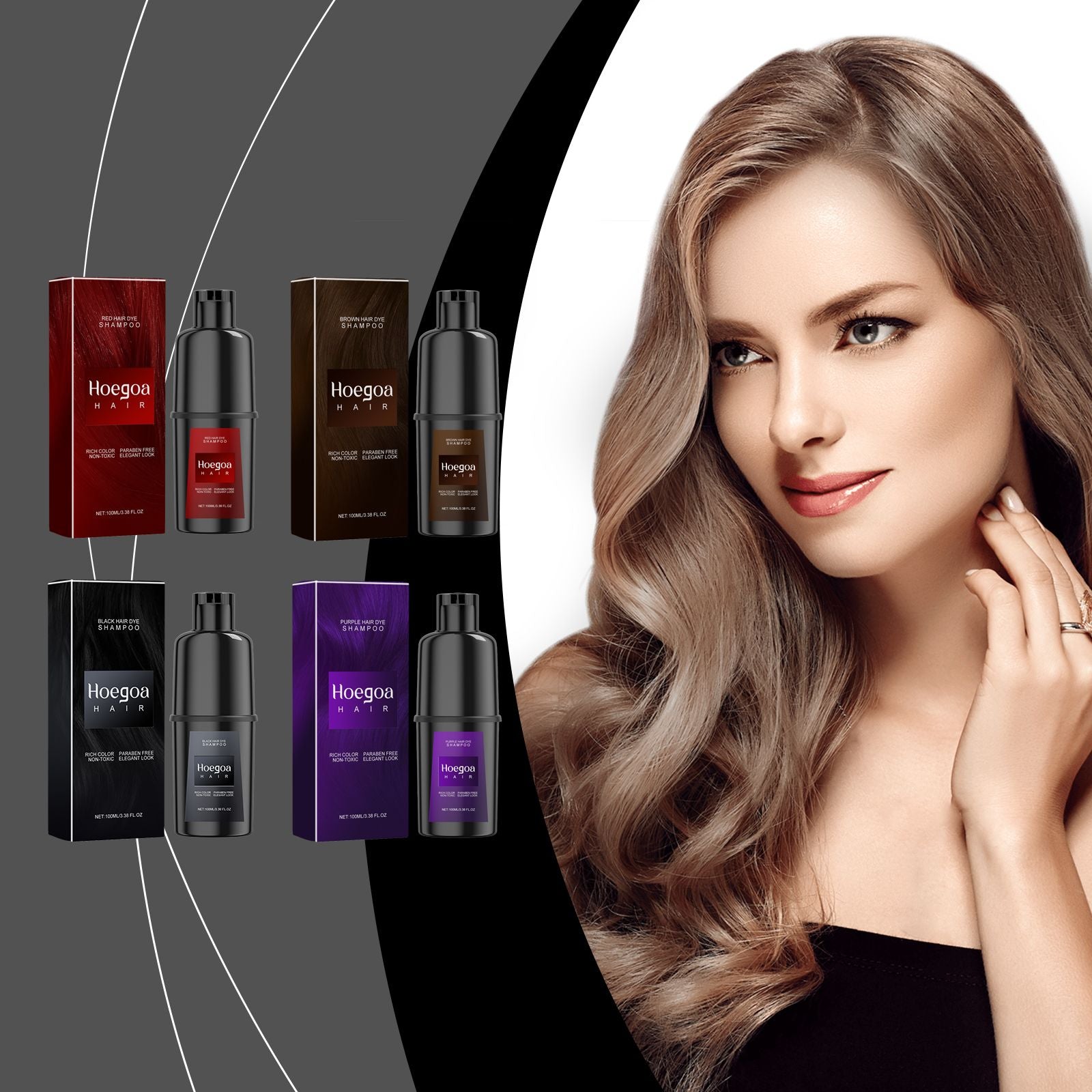 Model showcasing beautiful hair colored with Hoegoa Hair Vibrant Color Hair Shampoo, surrounded by different shades available.
