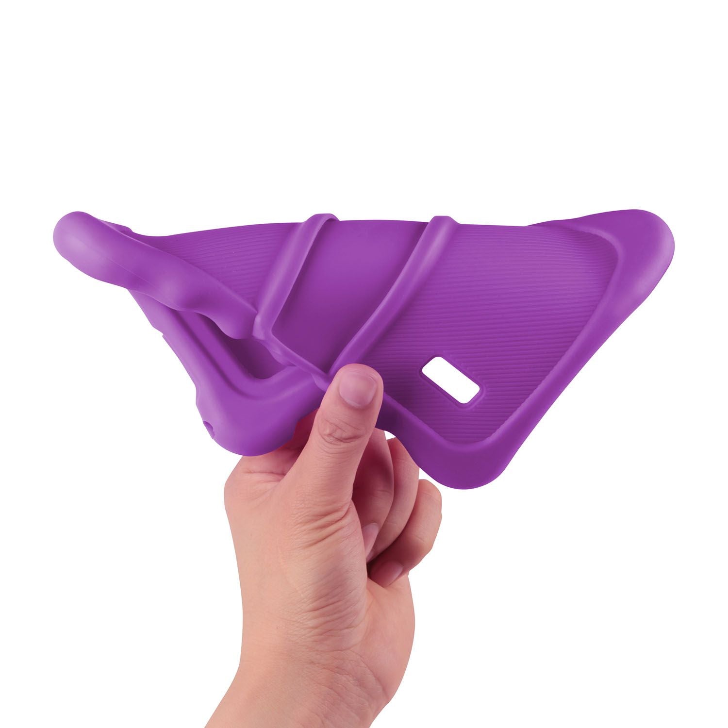 Multifaceted view of a purple shock-resistant silicone case highlighting its unique features.