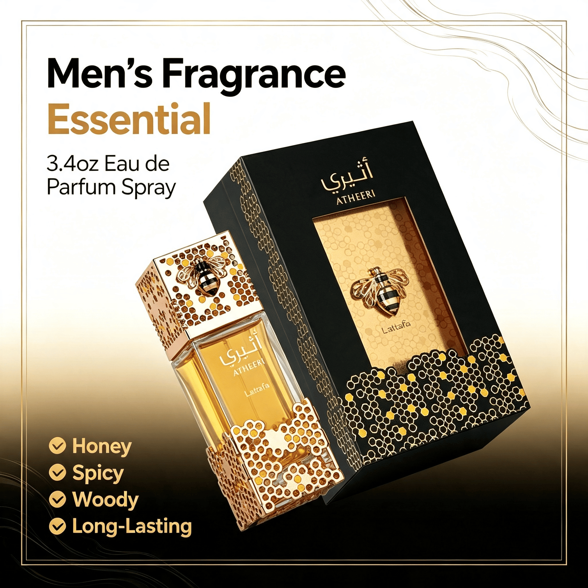 Unisex Eau de Parfum 100ml, Luxurious Honey Bee Carved Bottle Long Lasting Fragrance showcased in elegant packaging, perfect for gifts.