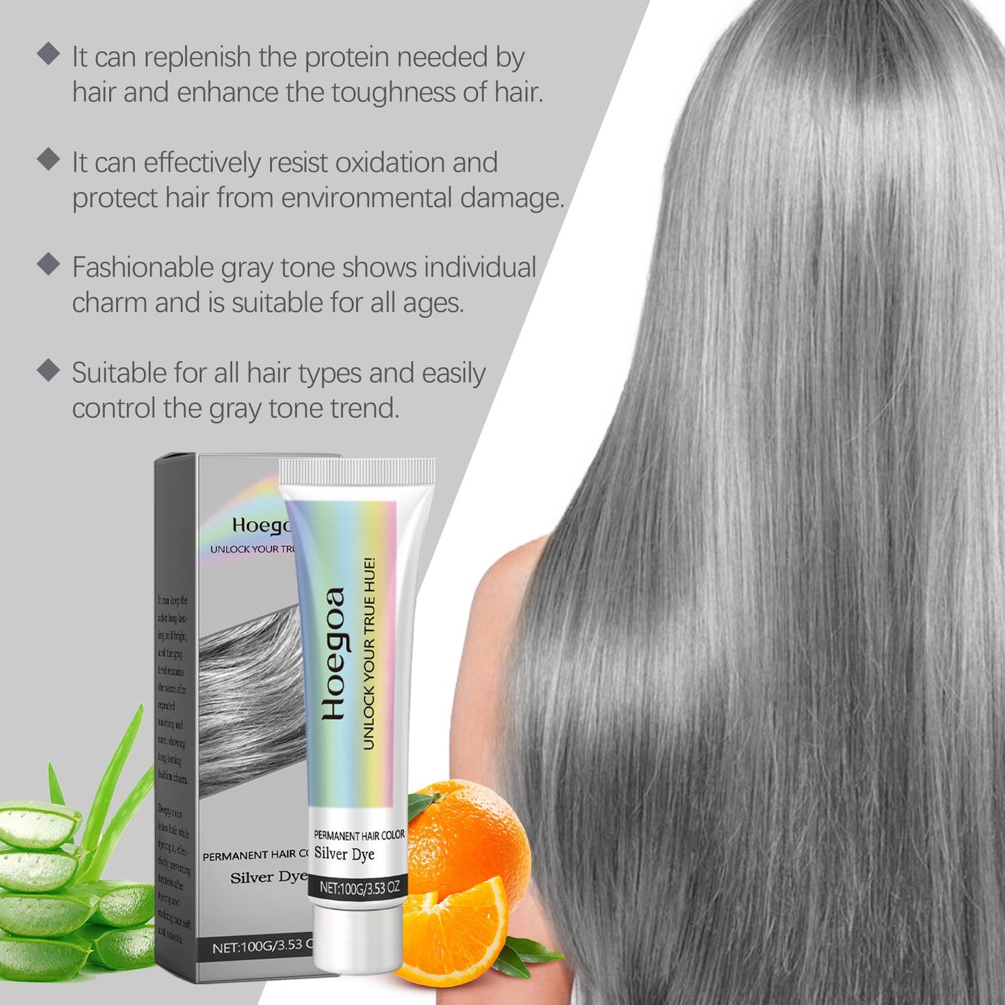Model showing off shiny silver hair using Vibrant Silver Hair Color Cream with focuses on hydration and protection.