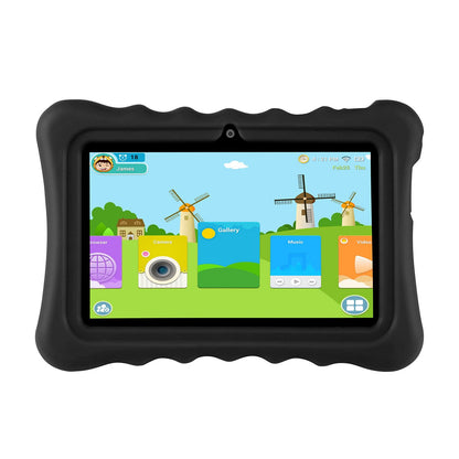 Front view of a 7-inch tablet in a shock-resistant silicone case, displaying a vibrant user interface.