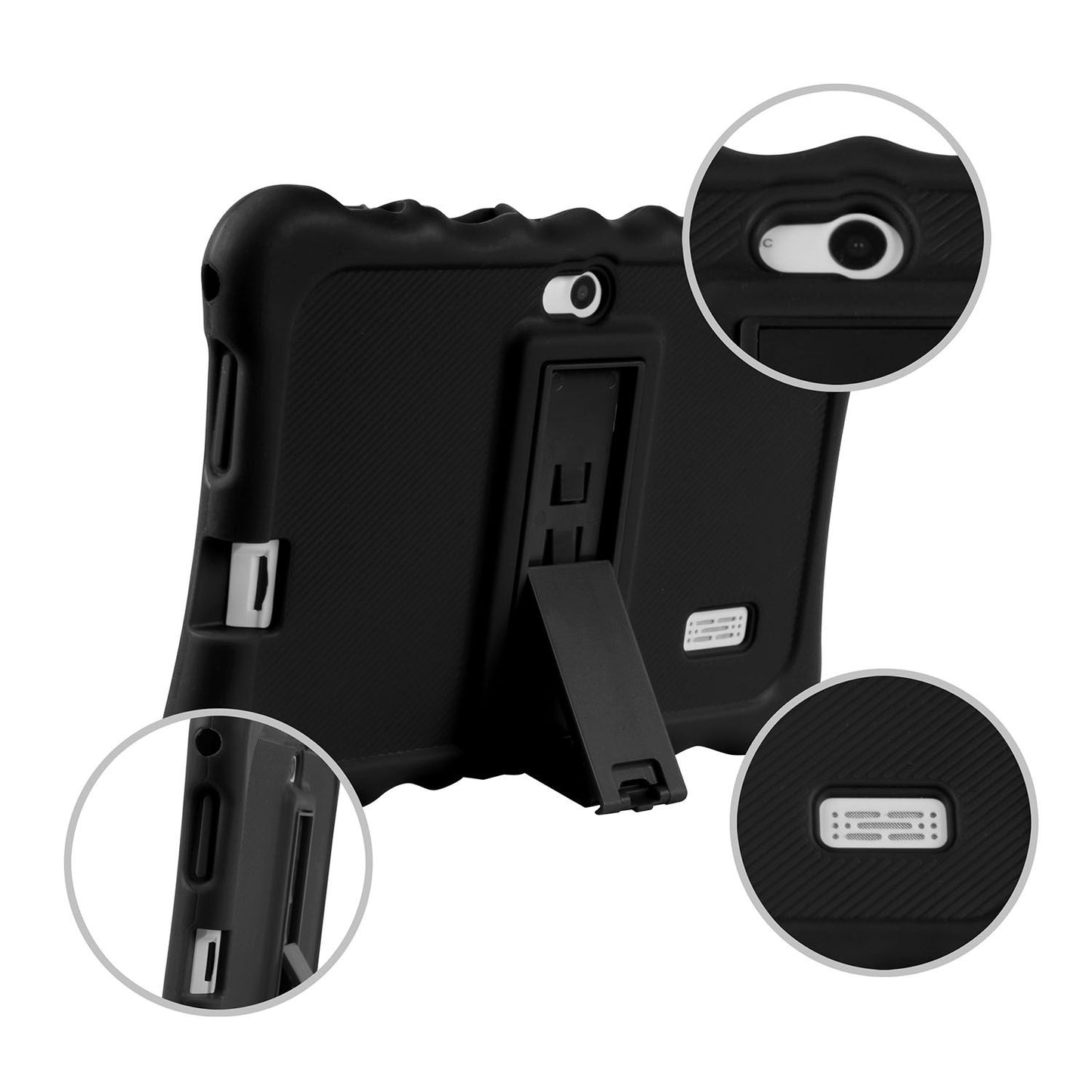 Close-up of the back of a shock-resistant silicone tablet case with stand, showcasing port access and durable design.