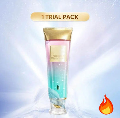 Beautifully arranged Niacinamide Whitening Toothpaste with a background of bright smile, emphasizing fresh breath.