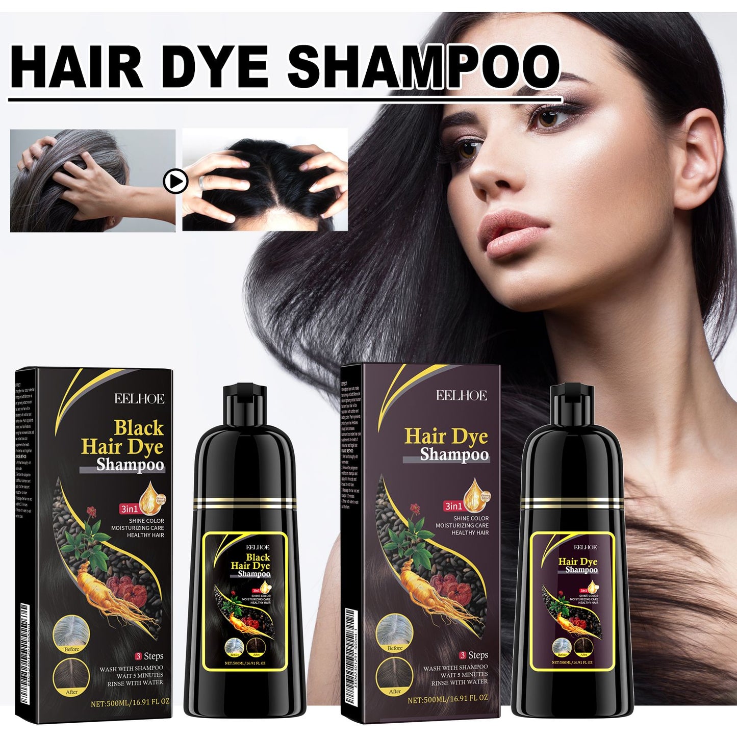 Organic 3-in-1 Hair Color Shampoo 500ml - User applying hair dye shampoo to achieve rich black color while in the shower.